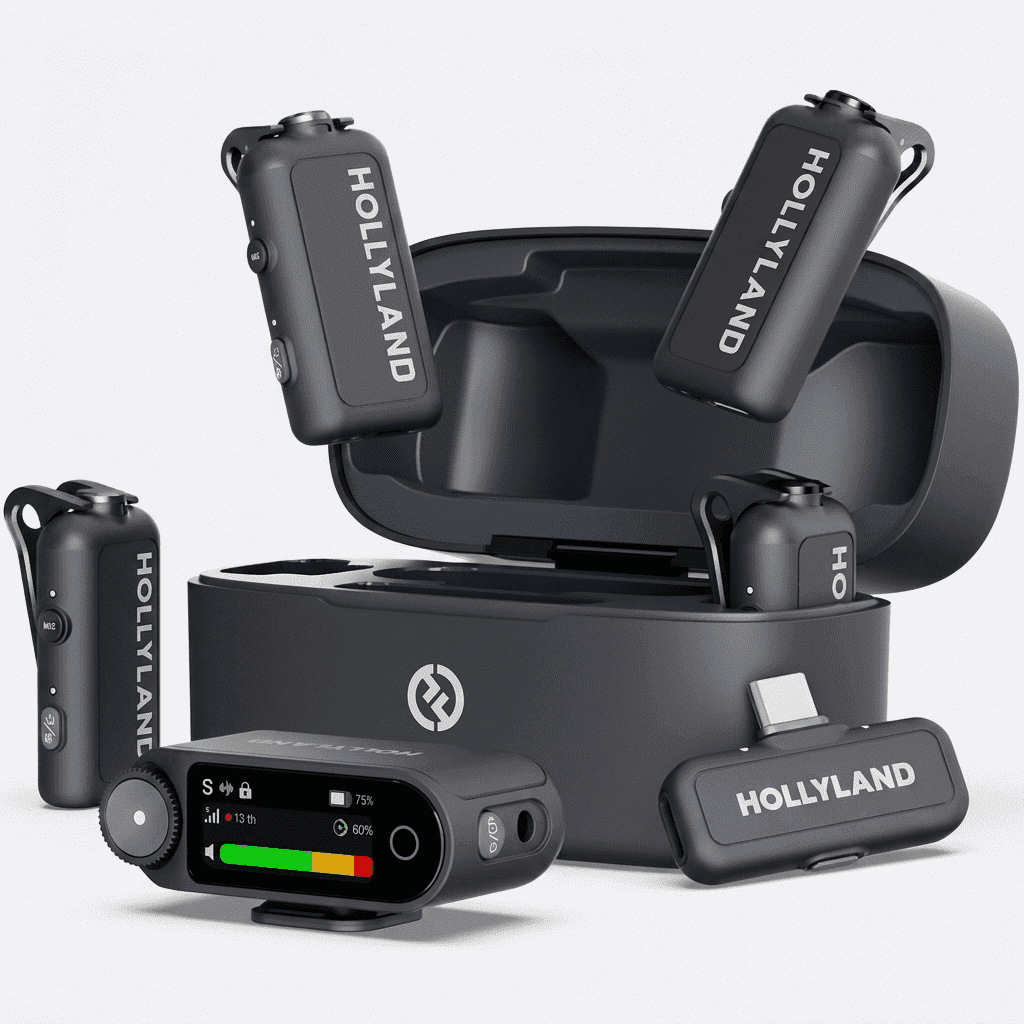 Hollyland wireless microphone system with charging case and transmitters for mobile video recording