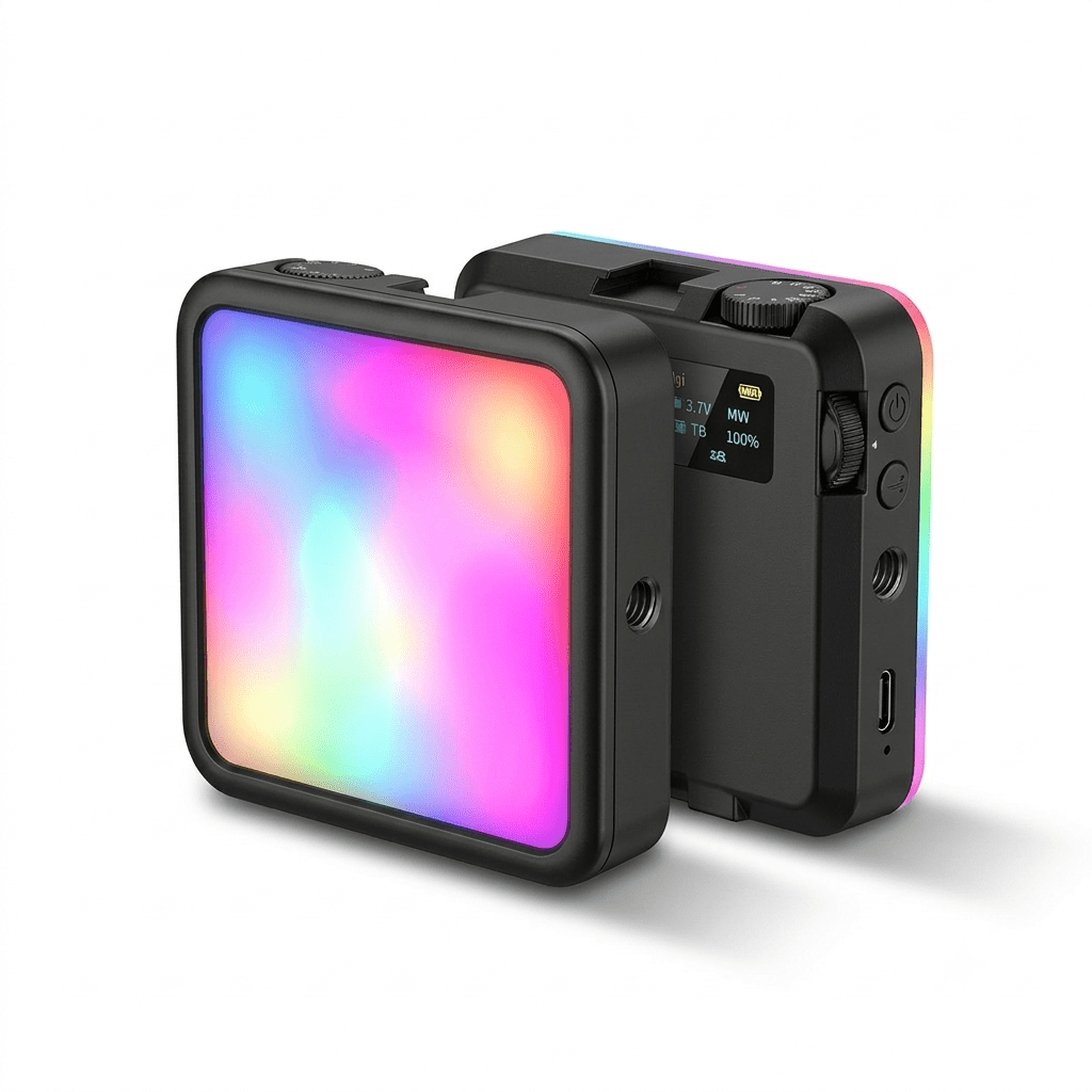 Portable Ulanzi VL120 RGB LED light panel mounted on a camera for professional vlogging.