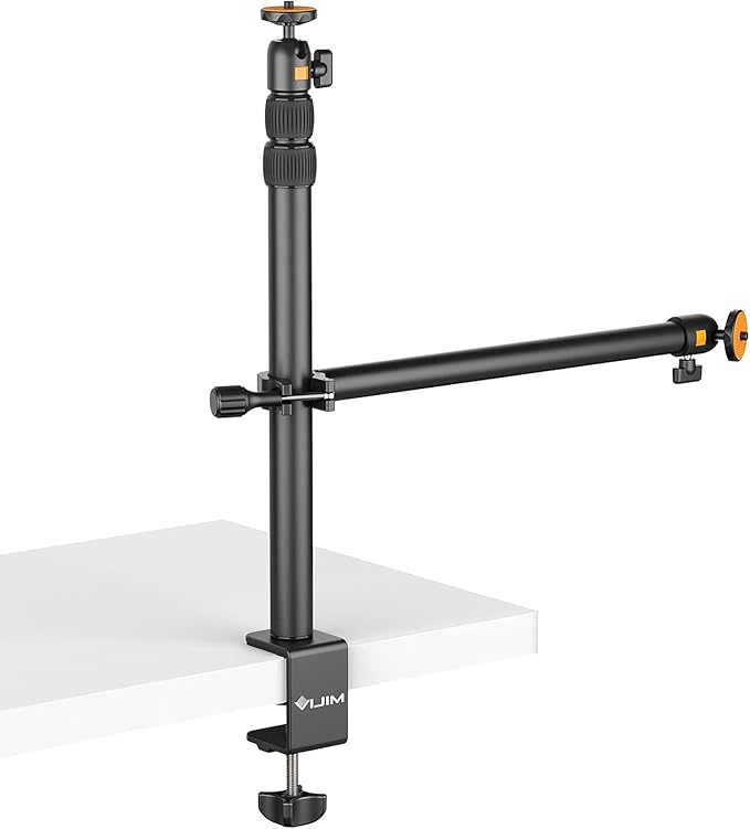 VIJIM LS02 desk mount stand clamped to a desk holding a professional LED video light