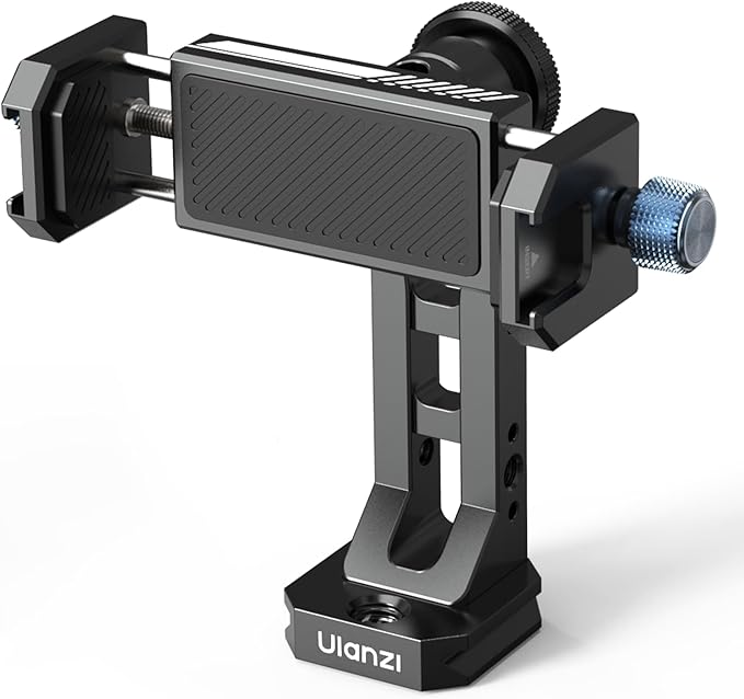 Ulanzi MA53 all-metal phone holder attached to a tripod with a mic and light mounted