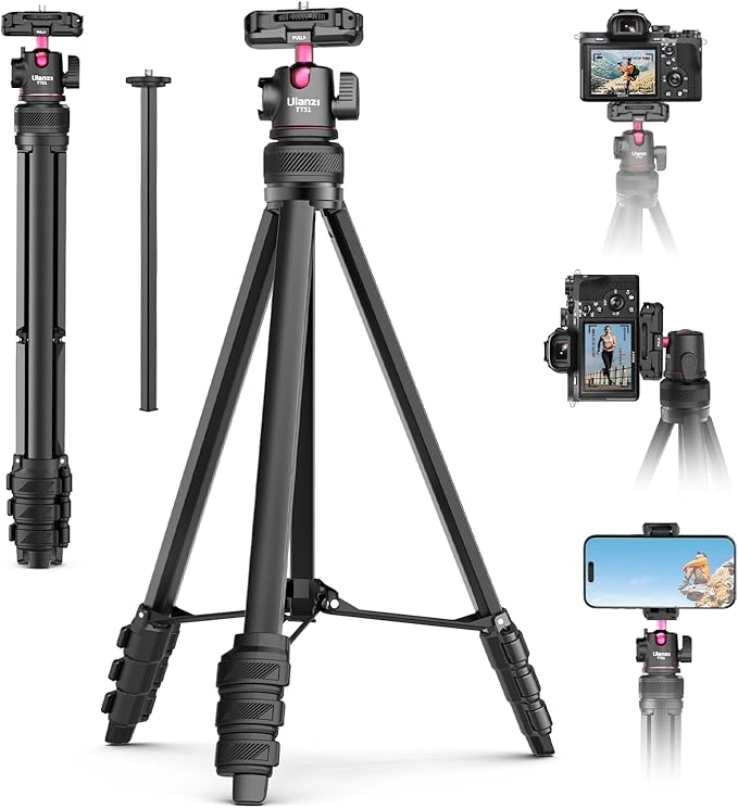 Ulanzi TT51 aluminum tripod fully extended with a smartphone mounted in portrait mode