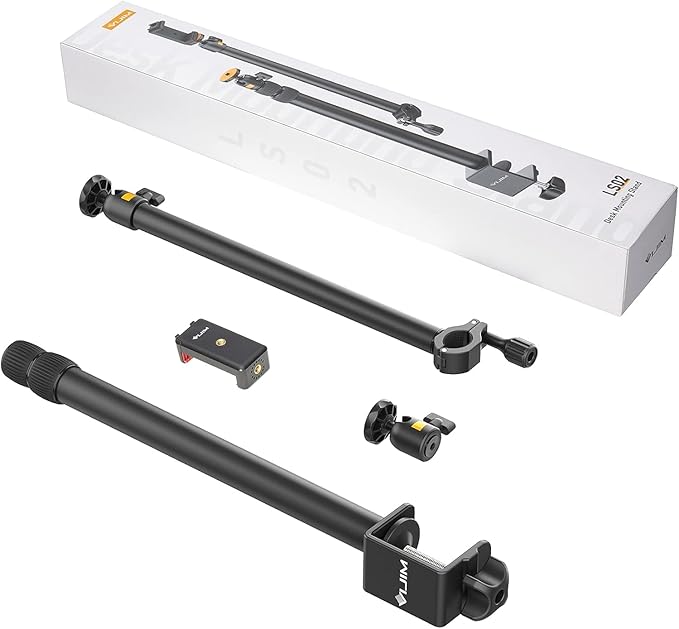 VIJIM LS02 desk mount stand clamped to a desk holding a professional LED video light
