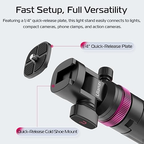 Close-up of the Ulanzi MT-89 light stand showing the quick-release cold shoe mount with an attached LED video light.