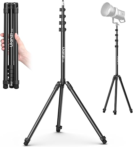 Ulanzi T270 2.7M light stand fully extended holding an LED video light in a studio setting