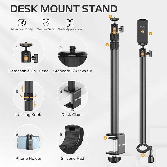 VIJIM LS02 desk mount stand clamped to a desk holding a professional LED video light