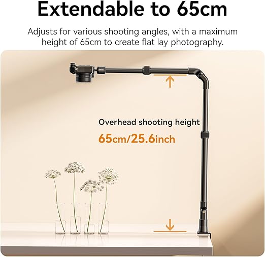 Ulanzi ZJ02 desk mount camera bracket with C-clamp attached to a desk edge, showing the 4-section folding arm extended upwards with its 360-degree ball head.