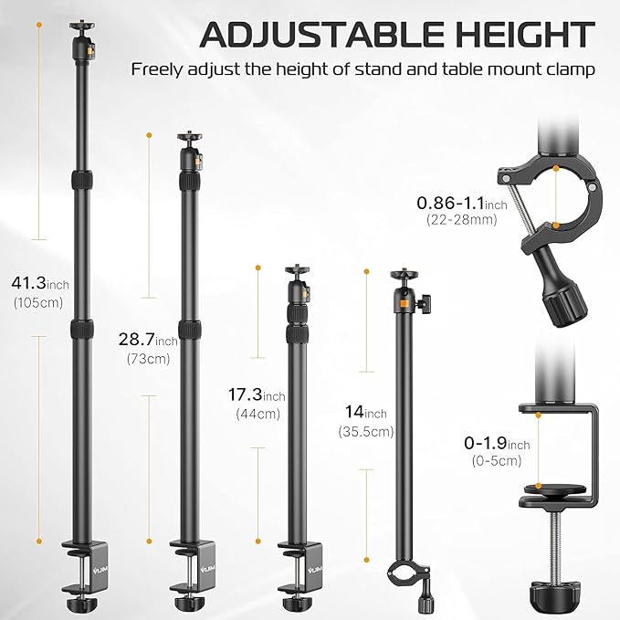 VIJIM LS02 desk mount stand clamped to a desk holding a professional LED video light