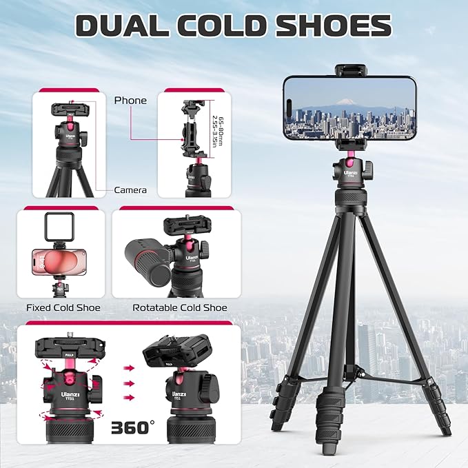 Ulanzi TT51 aluminum tripod fully extended with a smartphone mounted in portrait mode