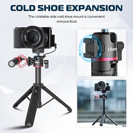 Ulanzi MT-73 55cm desktop tripod with a cold shoe mount attached to a portable LED light