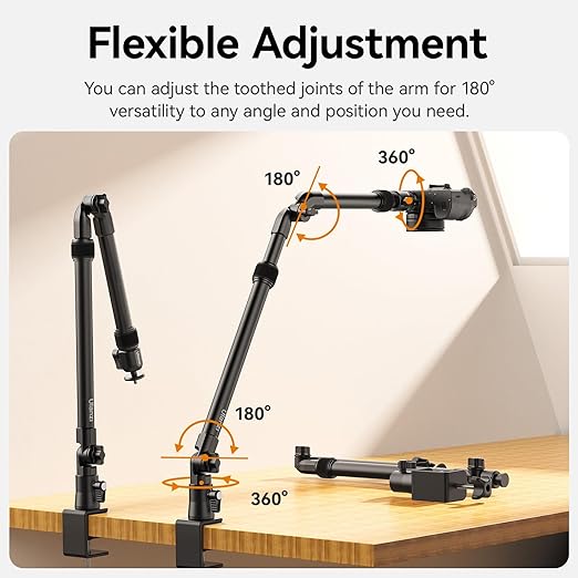 Ulanzi ZJ02 desk mount camera bracket with C-clamp attached to a desk edge, showing the 4-section folding arm extended upwards with its 360-degree ball head.