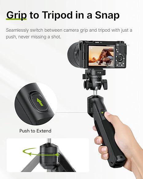 The TT38 tripod fully extended with a mirrorless camera mounted, set against a scenic outdoor background
