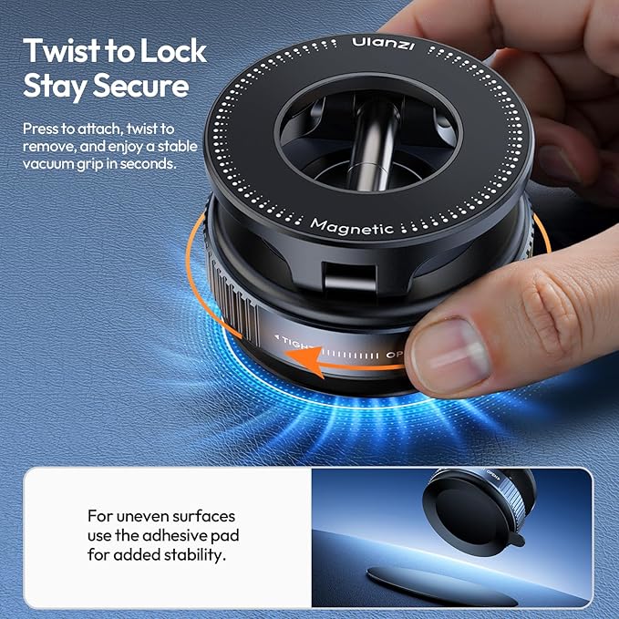 Ulanzi SK-25 suction cup mount attached to a glass surface holding a smartphone