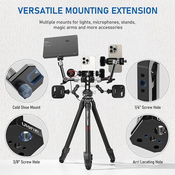 Ulanzi MA53 all-metal phone holder attached to a tripod with a mic and light mounted
