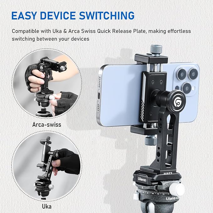 Ulanzi MA53 all-metal phone holder attached to a tripod with a mic and light mounted