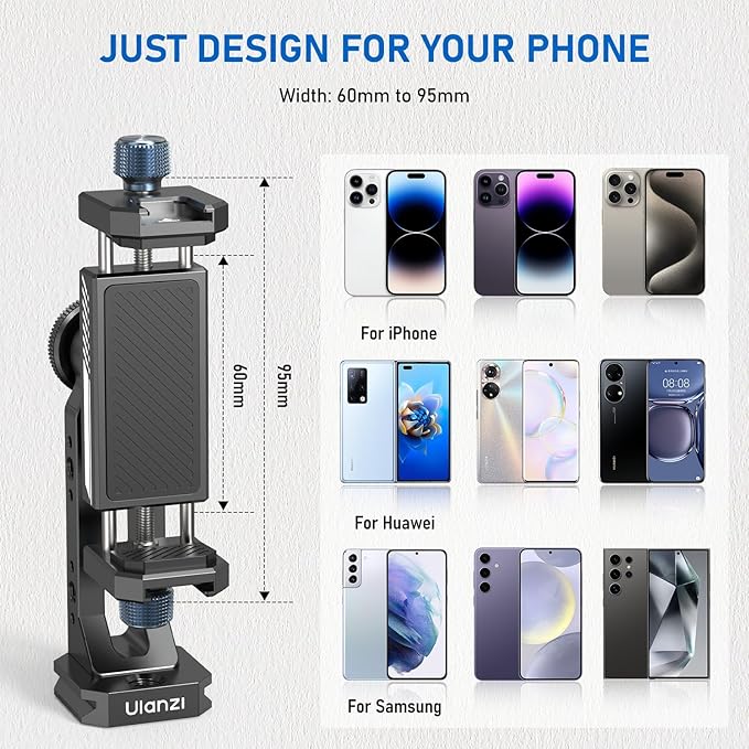 Ulanzi MA53 all-metal phone holder attached to a tripod with a mic and light mounted