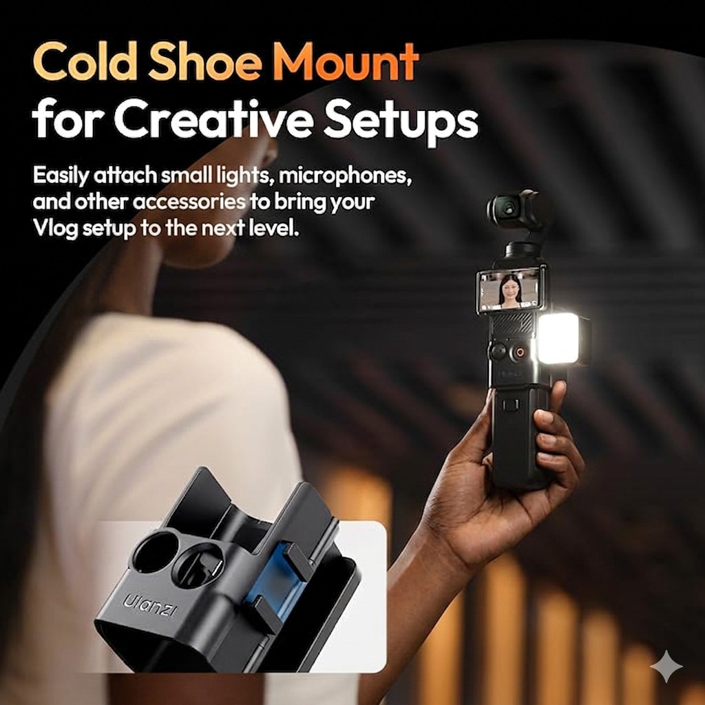 Black magnetic mount base for DJI Osmo Pocket 3 attached to a metal surface for vlogging.