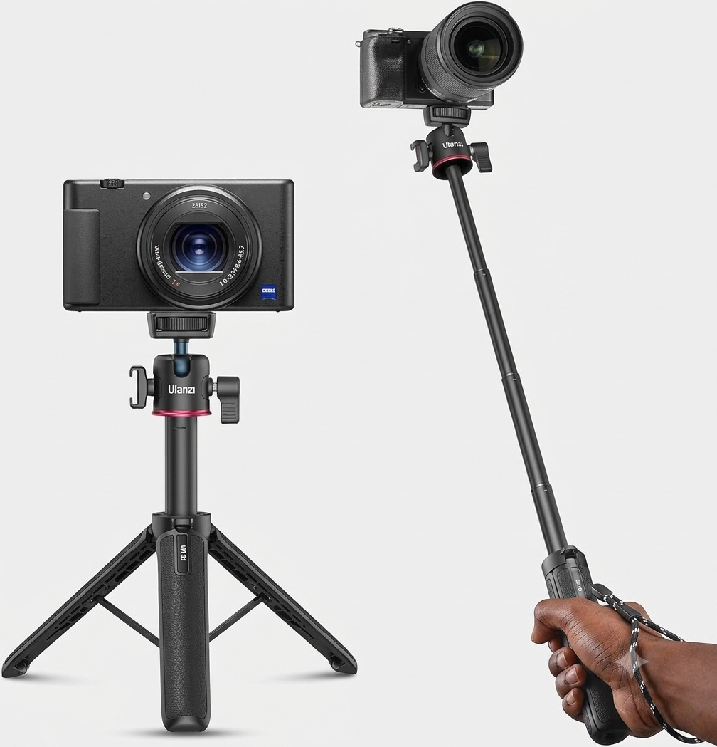 Ulanzi MT-73 55cm desktop tripod with a cold shoe mount attached to a portable LED light