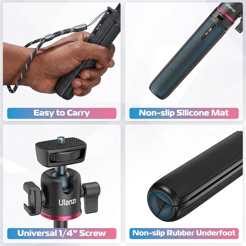 Ulanzi MT-73 55cm desktop tripod with a cold shoe mount attached to a portable LED light