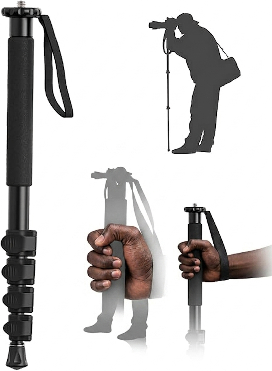 Side view of the TB20 aluminum monopod fully extended with a mirrorless camera attached.