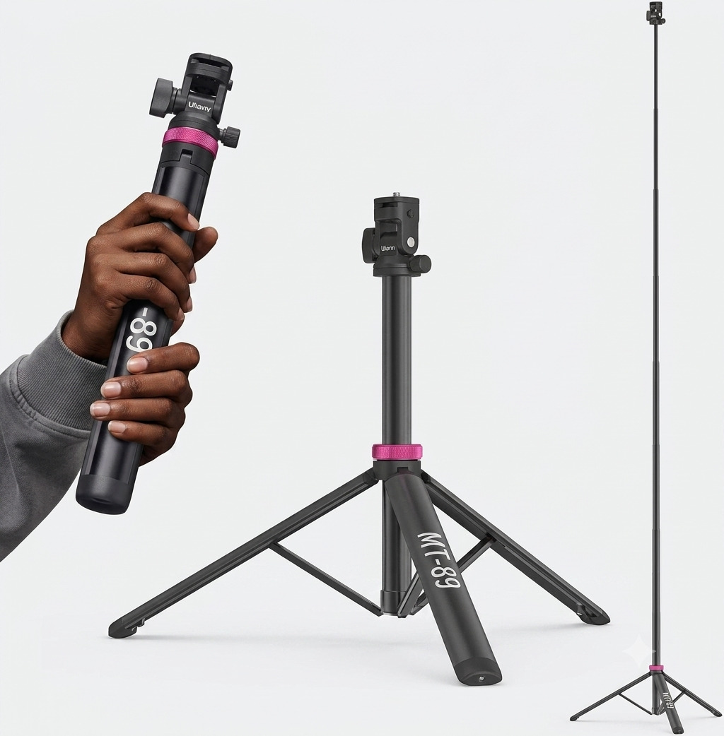 Close-up of the Ulanzi MT-89 light stand showing the quick-release cold shoe mount with an attached LED video light.