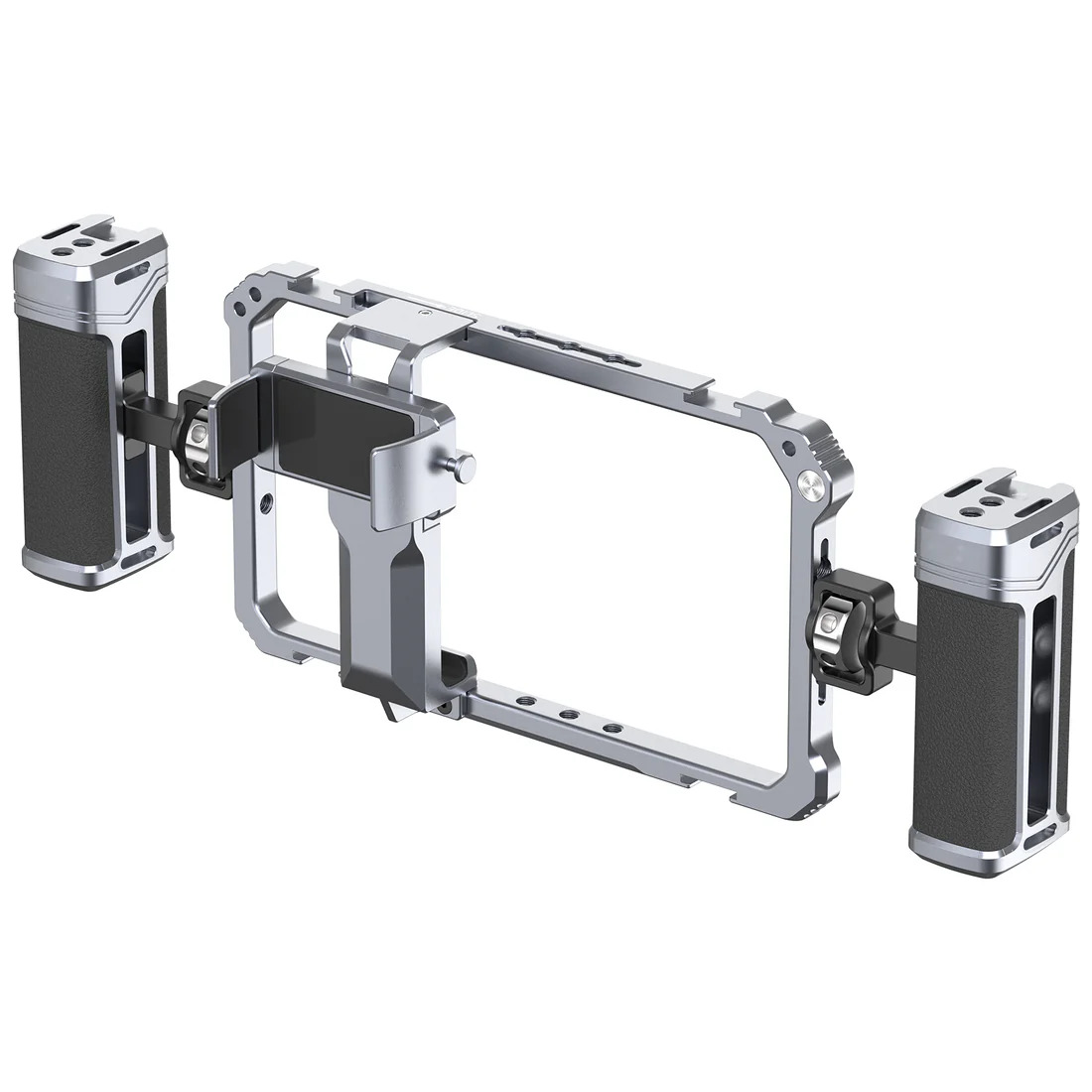Universal metal smartphone cage rig with an attached microphone and LED video light.
