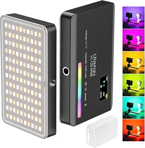 Ulanzi VL120 portable bi-color LED video light panel for DSLR camera vlogging and photography, showing OLED display and adjustable brightness.