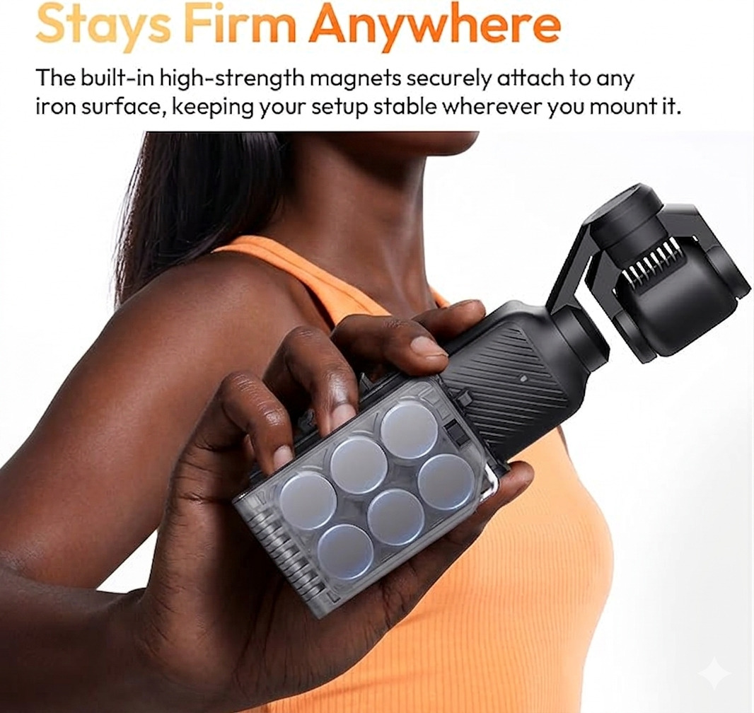 Black magnetic mount base for DJI Osmo Pocket 3 attached to a metal surface for vlogging.