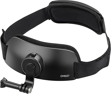 Ulanzi CM027 adjustable head strap mount being worn with an action camera attached.