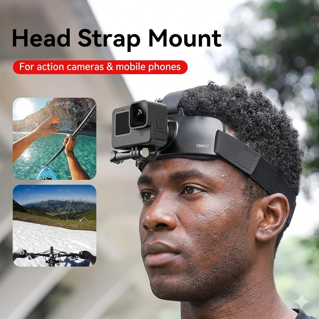 Ulanzi CM027 adjustable head strap mount being worn with an action camera attached.