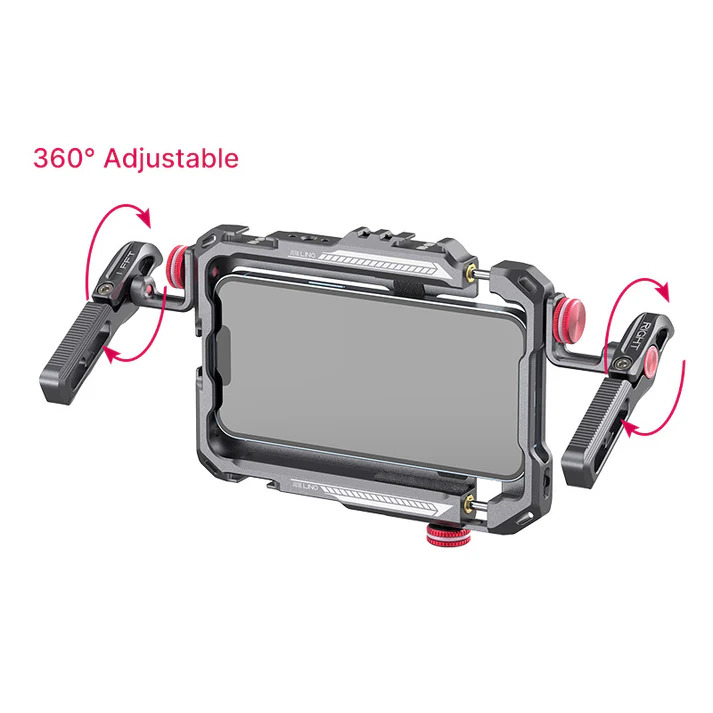 Ulanzi Lino metal cage rig housing an iPhone with an external microphone and LED light attached