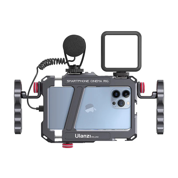 Ulanzi Lino metal cage rig housing an iPhone with an external microphone and LED light attached