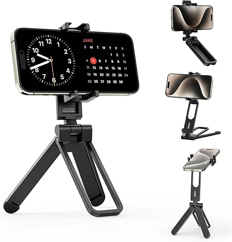 Ulanzi MA26 foldable pocket phone tripod expanded on a desk holding a smartphone in vertical mode