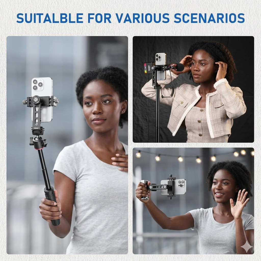 Ulanzi MA53 all-metal phone holder attached to a tripod with a mic and light mounted