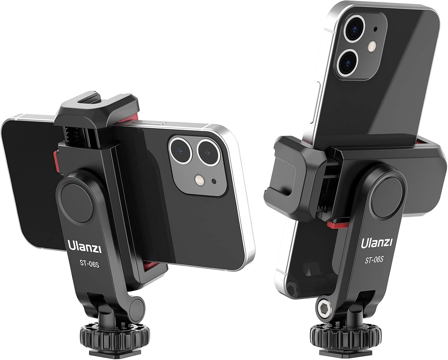 Ulanzi ST-06S phone clamp with an external microphone attached, mounted on a tripod.