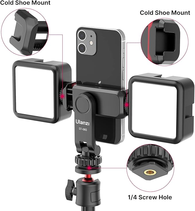 Ulanzi ST-06S phone clamp with an external microphone attached, mounted on a tripod.