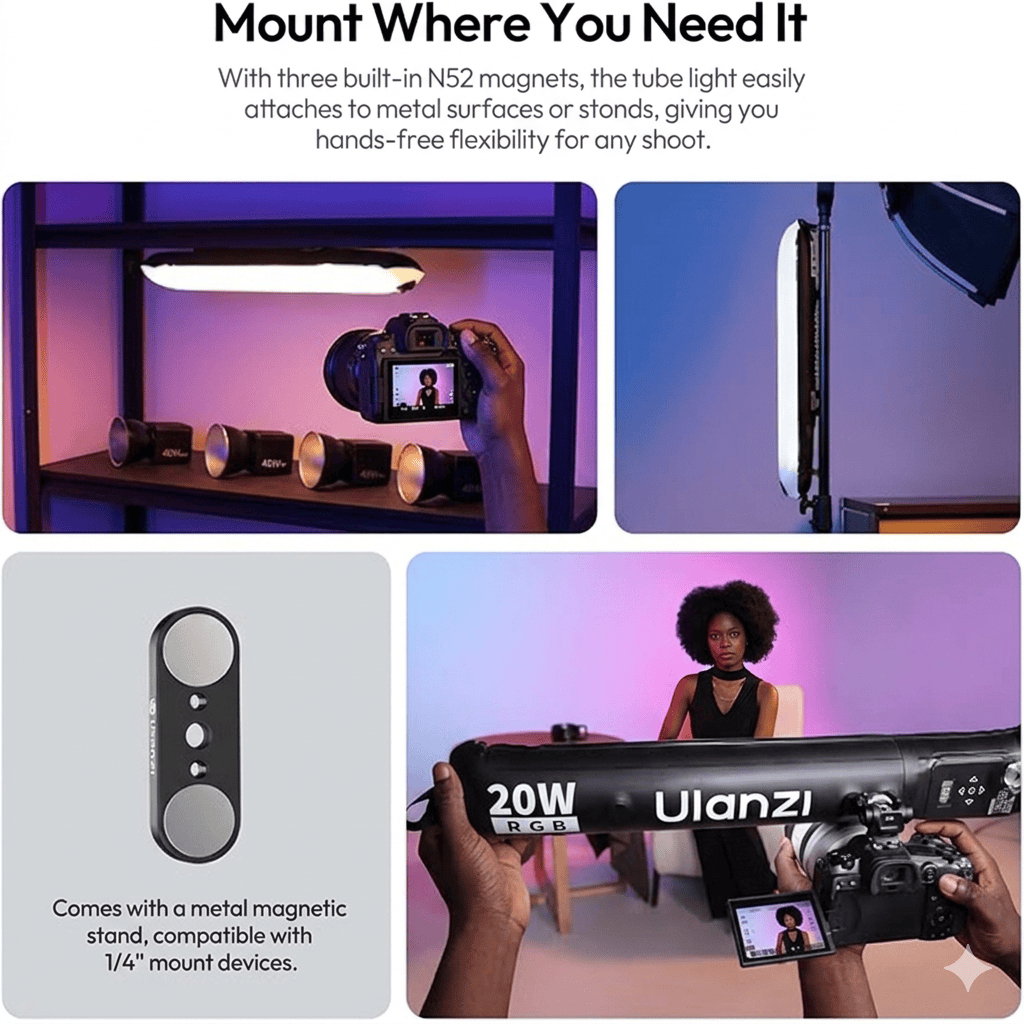 Ulanzi UA20C 20W RGB inflatable LED tube light showing color spectrum capabilities.