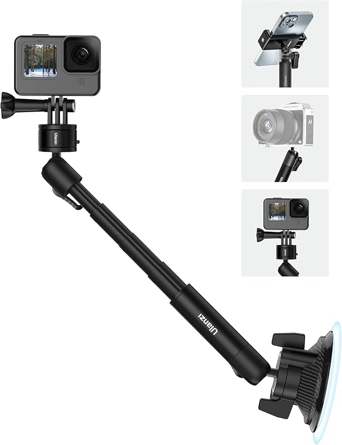 Ulanzi ZJ01 magnetic suction cup mount holding an action camera on a car windshield