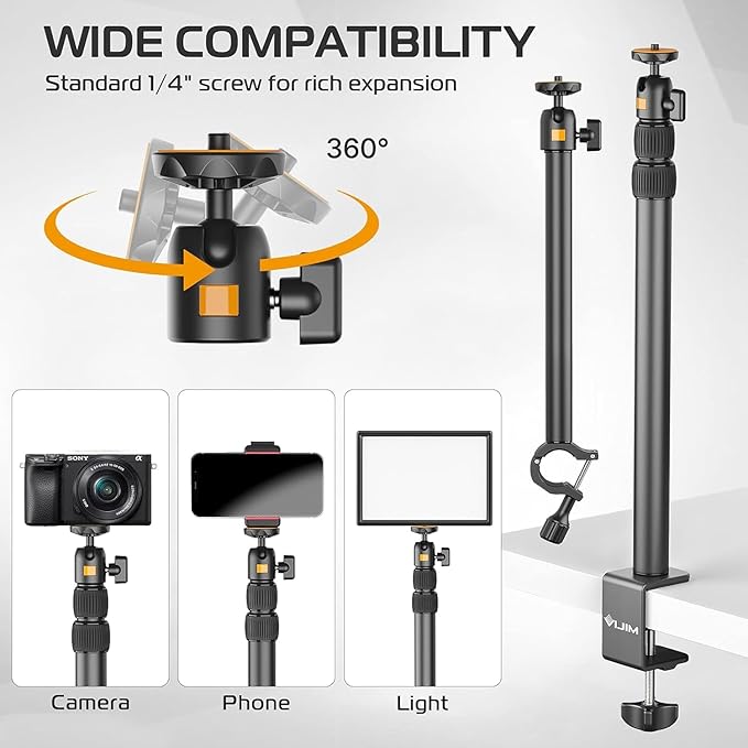 VIJIM LS02 desk mount stand clamped to a desk holding a professional LED video light
