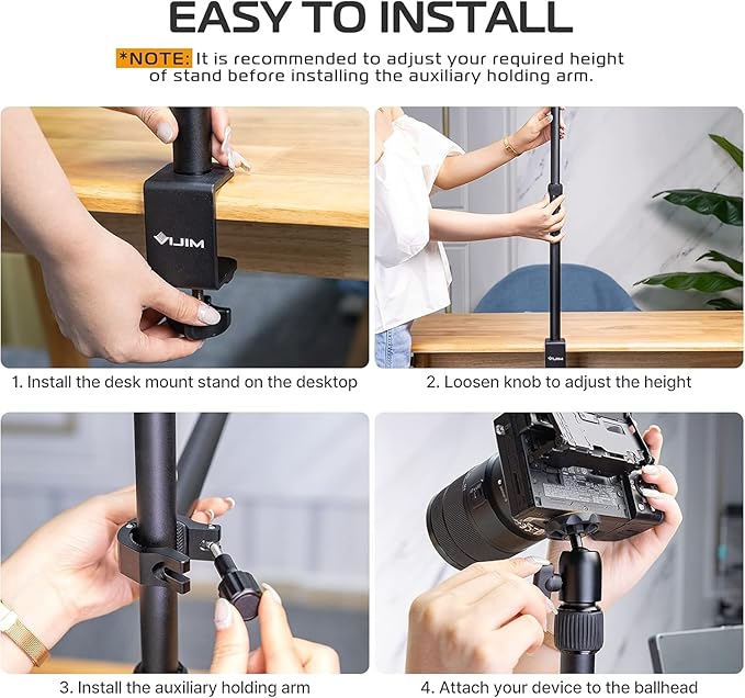 VIJIM LS02 desk mount stand clamped to a desk holding a professional LED video light