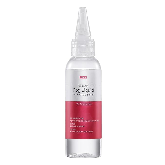 Two clear bottles of Ulanzi Fog Liquid showing red labels, white text, and precision dispensing tips.