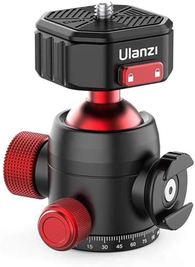 Close up view of a mirrorless camera mounted on the Ulanzi U100 Claw Quick Release Ball Head with a wireless microphone receiver attached to the side cold shoe
