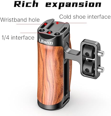 Close-up of the bottom of the Ulanzi R075 wooden handle showing the hex wrench being pulled out from its hidden magnetic slot