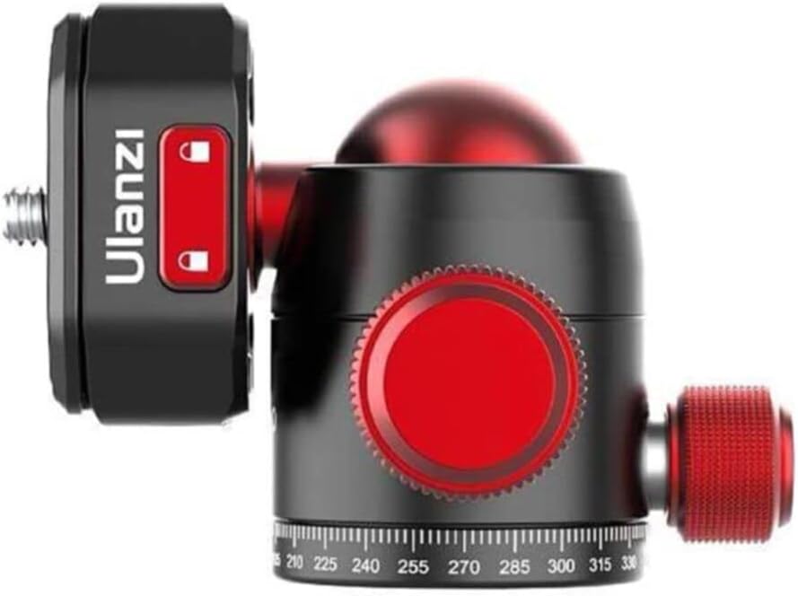 Close up view of a mirrorless camera mounted on the Ulanzi U100 Claw Quick Release Ball Head with a wireless microphone receiver attached to the side cold shoe