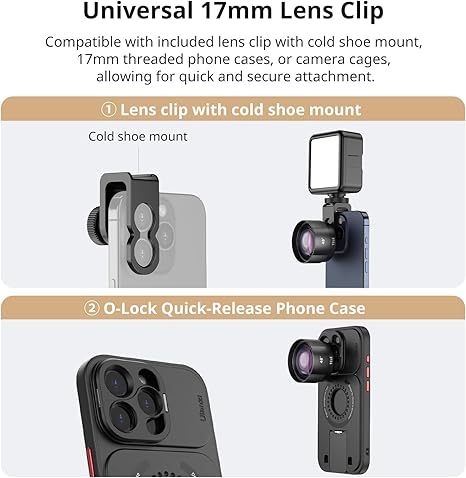 CL-003 75mm Macro smartphone camera lens showcasing its optical glass and mounting bracket.