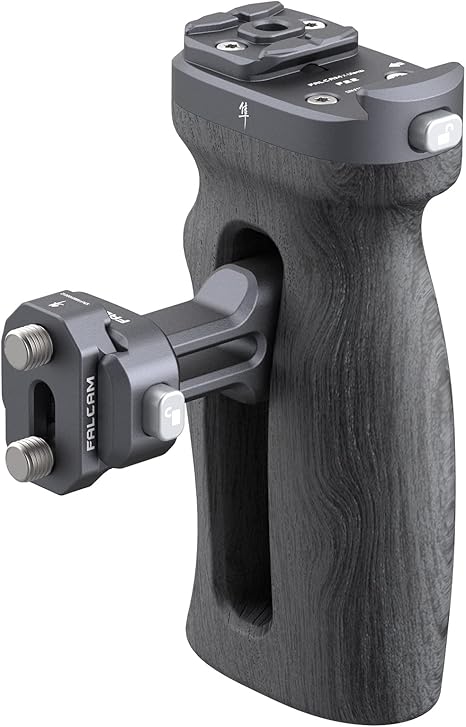 Space gray Ulanzi Falcam F22 Quick Release Side Handle with built-in quick release clamp and Micarta composite grip texture