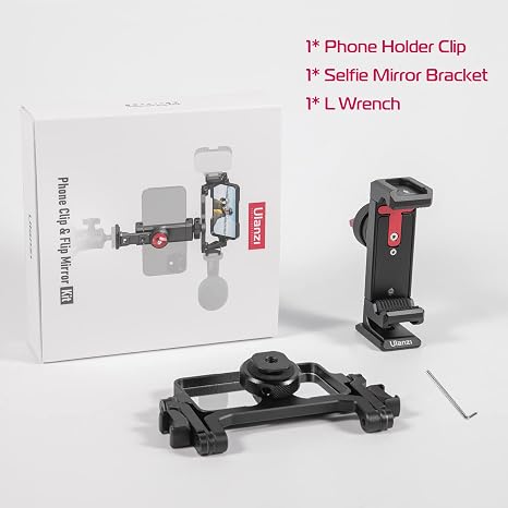 Black Ulanzi Vlog Mirror mounted on a smartphone rig with a microphone and LED fill light.