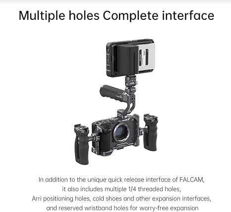 Space grey Falcam Cage for Sony FX30 camera body showing F22 and F38 quick release interfaces.