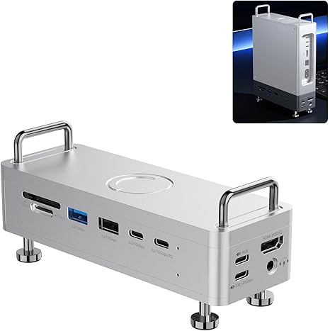 Silver aluminum Ulanzi QT03 Docking Station showing 10-in-1 port layout and built-in SSD enclosure.