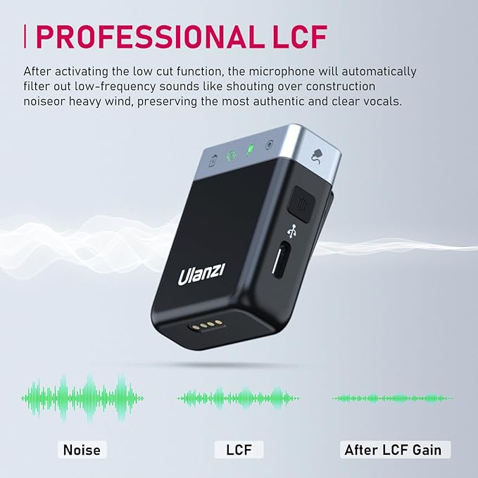 Close up view of the Ulanzi AM18 Wireless Microphone receiver connected directly to a smartphone during an outdoor interview shoot