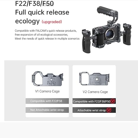 Space grey Falcam Cage for Sony FX30 camera body showing F22 and F38 quick release interfaces.